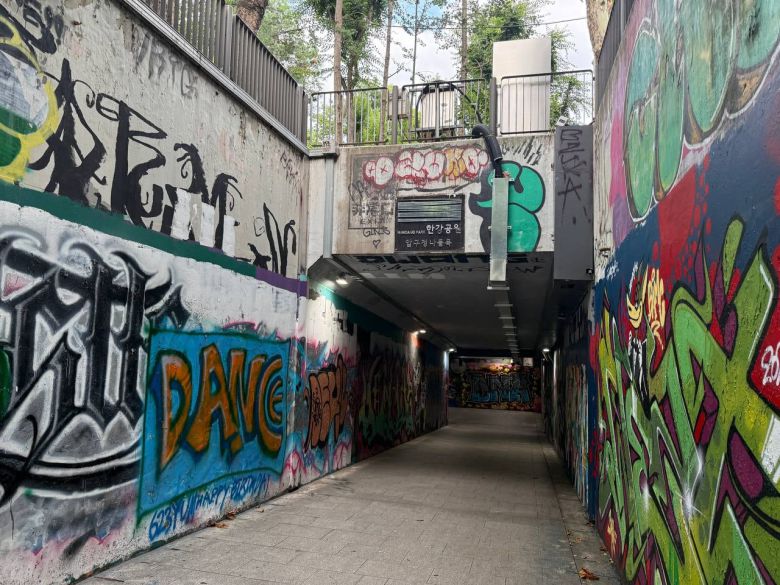 압구정 로데오거리와 도산공원 일대를 연결하는 지하보도인 소위 '압구정 토끼굴'에 스트리트 패션 문화를 상징하는 그라피티 (Graffiti) 그림들이 그려져 있다. /이호준 기자
