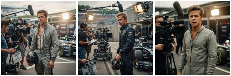 3가지 이미지 생성 모델에 '브래드 피트가 영화 F1 촬영지에서 연기를 하고 있는 모습을 그려달라'라고 지시했다. 왼쪽부터 구글 나노 바나나, MS MAI, 오픈AI 챗GPT./LMArena 캡처