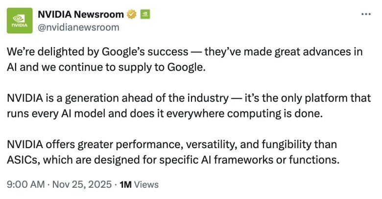 엔비디아가 엑스(X) 공식 계정을 통해 구글을 견제하며 자사 제품이 업계보다 한 세대 앞서 있다고 강조했다./X 캡처