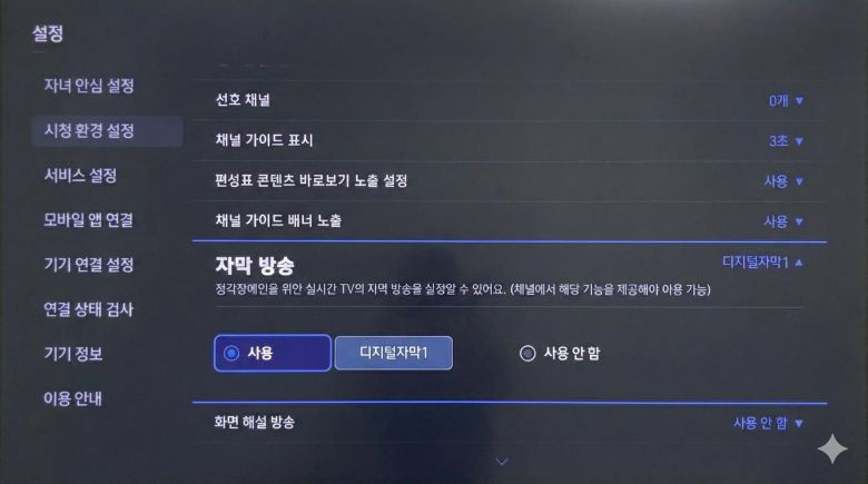 자막 방송 설정 화면./TTA