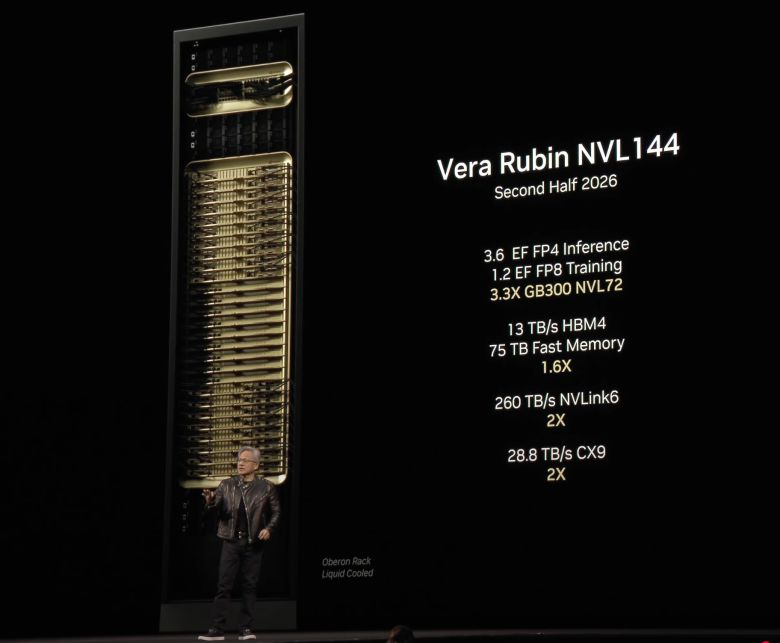 젠슨 황 엔비디아 최고경영자(CEO)가 차세대 AI 서버 ‘베라 루빈 NVL144’을 설명하고 있다./엔비디아 유튜브 캡처