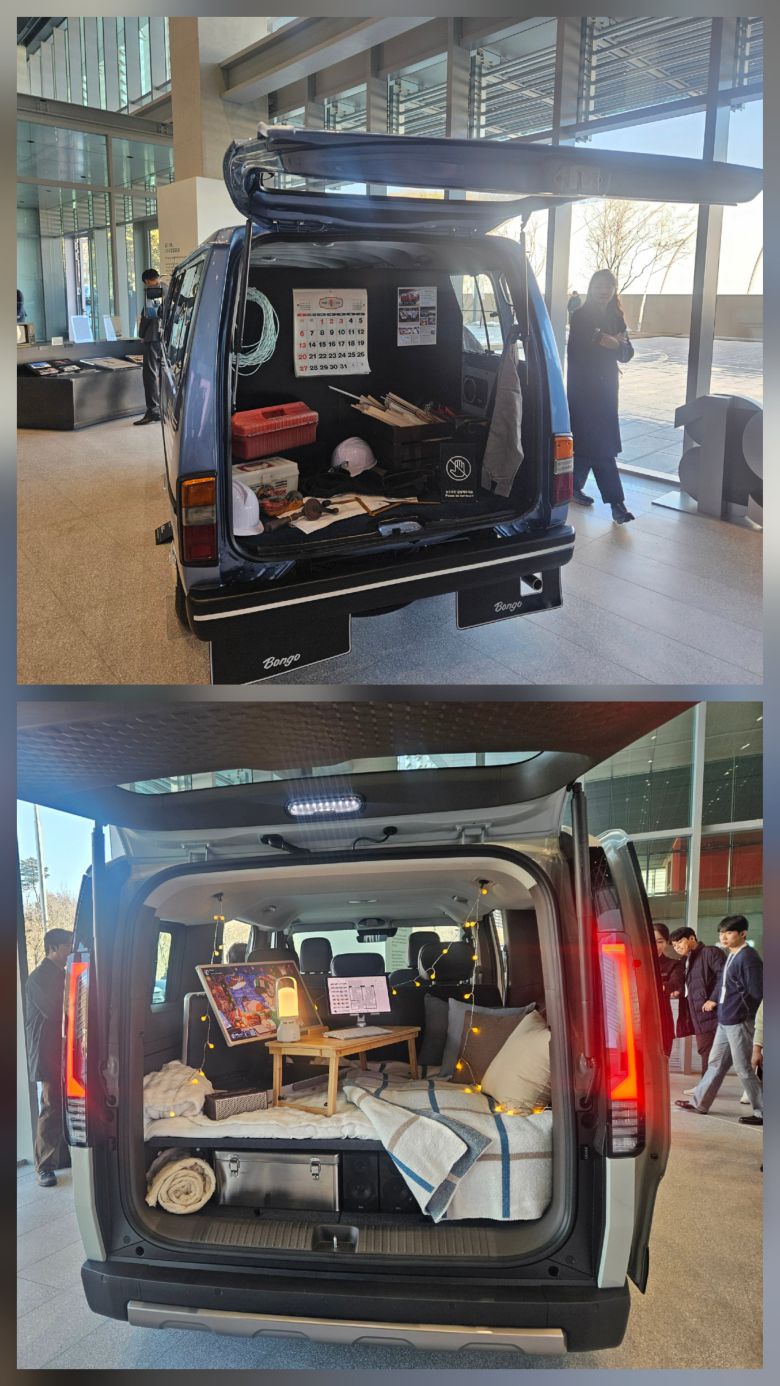 5일 경기 용인 비전스퀘어 1층에 전시된 봉고(위쪽)와 PV5의 모습. /김지환 기자