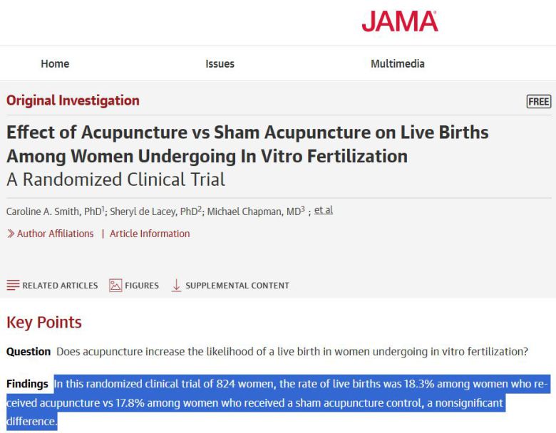 미국의사협회지(JAMA)에 게재된 '체외 수정 시술을 받는 여성의 출산율에 대한 침술과 가짜 침술의 효과 비교(Effect of Acupuncture vs Sham Acupuncture on Live Births Among Women Undergoing In Vitro Fertilization)' 연구 논문. 2011년 6월 29일부터 2015년 10월 23일까지 호주와 뉴질랜드의 16개 체외수정 센터에서 신선 배아 이식 시술을 받는 여성들을 대상으로 단일맹검, 병행군 무작위 임상시험을 실시하고, 2016년 8월까지 10개월간 임신 경과를 추적 관찰했다./홈페이지 캡처