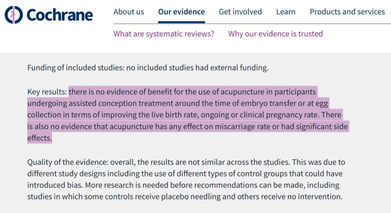 '보조 생식 기술과 병행한 침술(Acupuncture and assisted conception)'에 대한 코크란의 리뷰. 코크란은 20개의 무작위 대조연구(RCT)를 분석해 생아 출생률 등 측면에서 "배아 이식 또는 난자 추출 시점에 병행한 침술이 효과적이라는 근거는 없었다"고 2013년 결론지었다./홈페이지 캡처