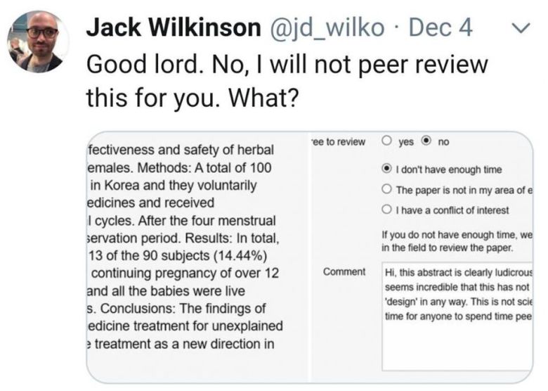 코크란의 통계 편집자이자 영국 맨체스터대 생물통계센터 소속 생물통계학자인 잭 윌킨슨이 2019년 소셜미디어에 올린 글. 그가 지적한 논문은 보건복지부 한의약산업과의 연구용역으로 3개 한방병원이 진행한 '한약(온경탕과 배락착상방) 투여 및 침구치료의 난임치료 효과규명을 위한 임상연구'다./X 캡처