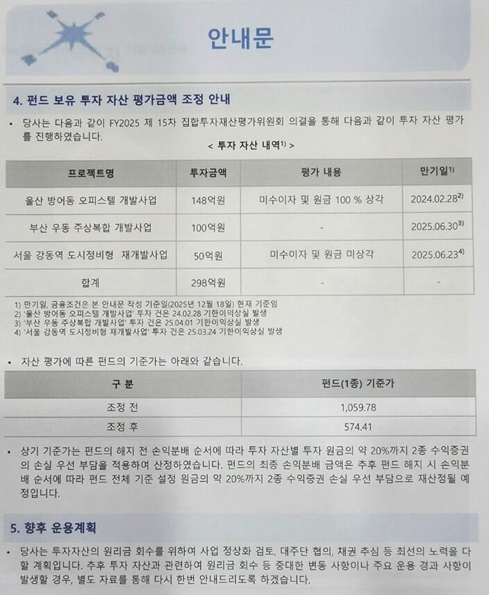 한국투자리얼에셋운용이 지난해 12월 22일 한국투자개발브릿지블라인드일반사모투자신탁1호 펀드 투자자에게 보낸 안내문. /독자 제공