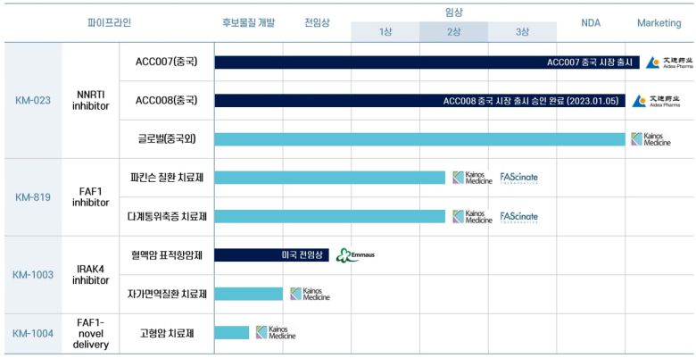 카이노스메드 주요 파이프라인 진행 상황. /카이노스메드