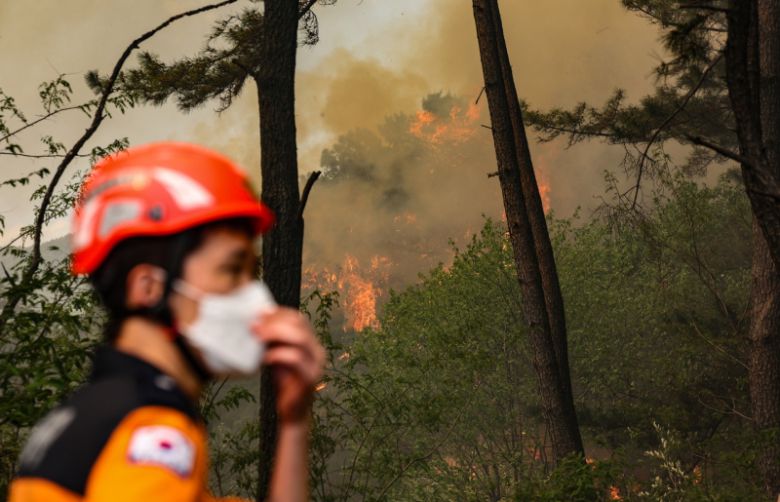 28일 오후 2시 1분께 대구 북구 노곡동 함지산에서 산불이 발생한 가운데 인근 민가로 번지고 있다. 연합뉴스