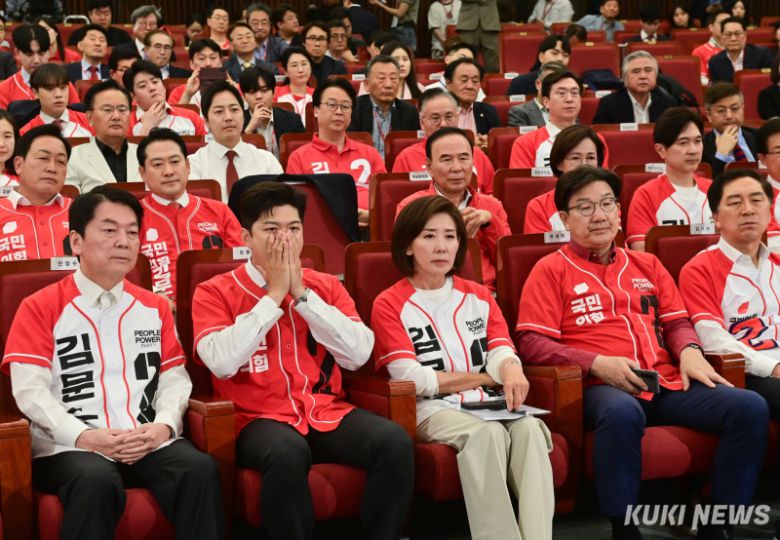 김용태 국민의힘 비상대책위원장과 당 지도부, 선대위 관계자들이 지난달 3일 오후 국회 도서관에 마련된 제21대 대통령선거 국민의힘 개표상황실에서 출구 조사 결과를 보고 굳은 표정을 짓고 있다. 유희태 기자
