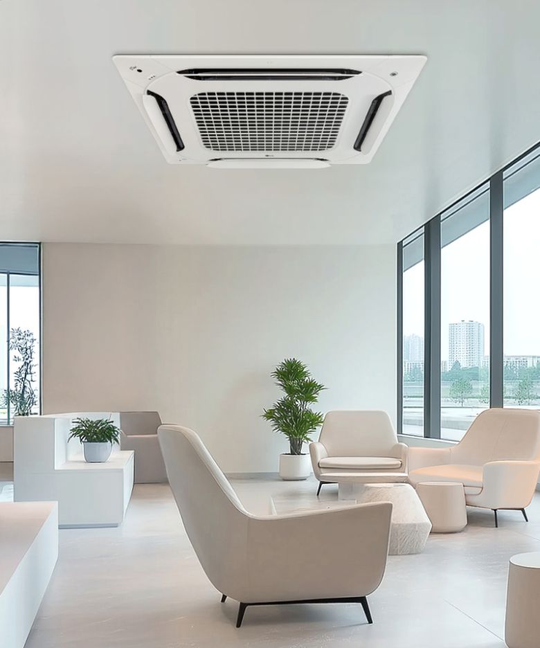 글로벌 시험인증기관 TUV 라인란드로부터 1대당 14.85kg 이산화탄소 배출을 줄였다는 사실을 검증받은 LG전자의 상업용 4방향 시스템에어컨. LG전자 제공.