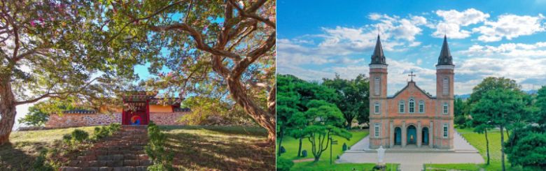 순국 400주년을 맞는 남이홍장군 무인종가(왼쪽)와 유구한 역사를 지닌 합덕성당(우측). 당진시