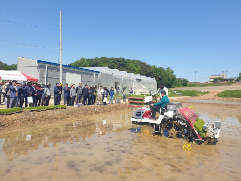 오성환 당진시장이 농업기술센터가 마련한 드문모심기 이앙기를 시연하고 있다. 당진시