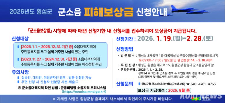횡성군은 오는 19일부터 내달 28일까지 횡성실내체육관 1층 다목적실에서 횡성읍 29개리 1만7000여명을 대상으로  ‘2026년 군용기 소음피해 보상금’ 신청을 접수한다. 신청안내문. 횡성군 제공