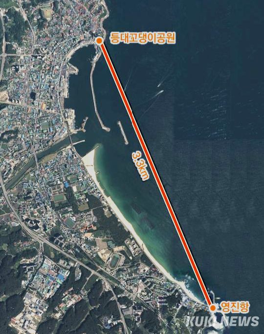 강릉시가 주문진읍 등대꼬댕이공원과 연곡면 영진항간 바다를 연결하는 3.3㎞(편도) 구간의 ‘북강릉 케이블카 조성사업’에 대한 민간사업자 공모를 오는 26일부터 시작해 2월 23일까지 참가의향서를 받는다. 북강릉 케이블카 노선도. 강릉시 제공