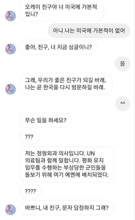 SNS를 통해 데이비스와 나눴던 로맨스 스캠 메시지