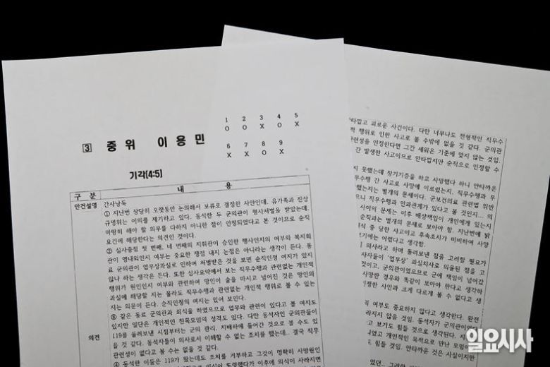 이용민 중위에 대한 국방부 중앙전공사상심사의 순직 처리 결과 회의록. 국방부는 찬성 4명, 반대 5명으로 기각 처리했다. ⓒ고성준 기자