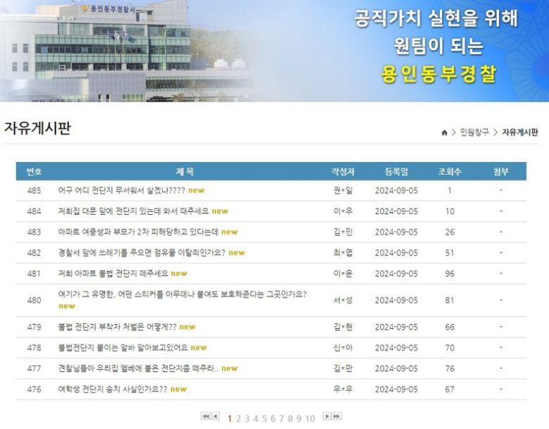 5일 현재 항의성 글이 쇄도하고 있는 용인동부경찰서 홈페이지 자유게시판 ⓒ용인동부경찰서