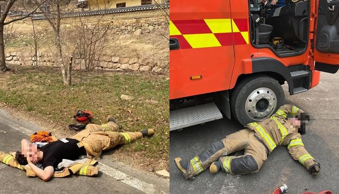 지난 25일 한 산불 현장에서 지친 소방관이 바닥에 누워 잠시 휴식을 취하고 있다. ⓒ엑스(X, 옛 트위터)