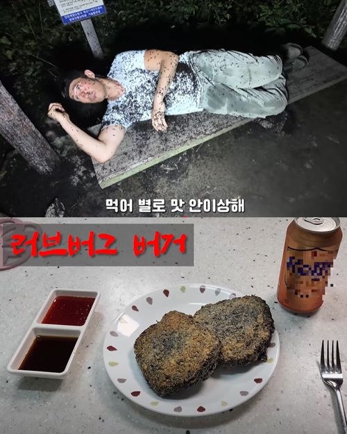(사진 위) 인천 계양산에 러브버그를 채집하러 간 유튜버 이충근의 몸이 러브버그로 뒤덮여 있다. (사진 아래) 러브버그로 만든 햄버거 패티 형태의 음식 모습 ⓒ유튜브 채널 ‘이충근’