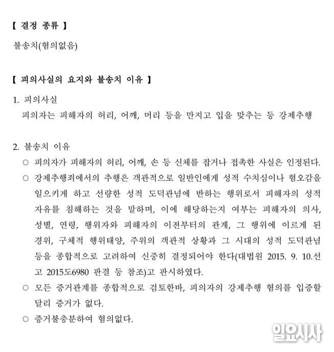 인천의 한 경찰서가 직장 동료 강제추행 고소 사건에 대해 불송치(증거불충분) 결정을 내린 수사 결과 통지서 일부 ⓒ김준혁 기자