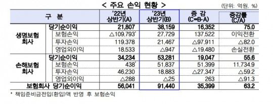 상반기 국내 보험사 주요 손익 현황. 자료=금감원
