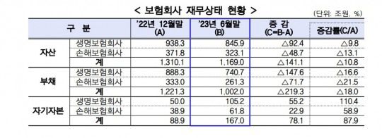 국내 보험사 재무상태 현황. 자료=금감원