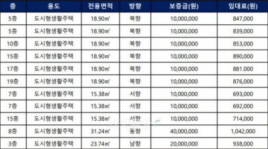 지난달 노량진 한 도시형생활주택에서 임차인 모집 공고를 냈던 매물 시세표다. 관리비는 포함되지 않은 가격이다. / 자료=온라인 커뮤니티