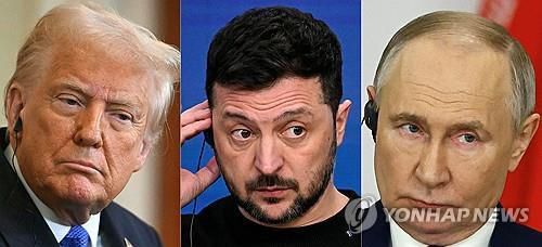 2025년 2월 7일 미국 워싱턴DC 백악관 이스트룸에서 열린 이시바 시게루 일본 총리와의 공동기자회견에서 촬영된 도널드 트럼프(왼쪽) 미국 대통령의 모습, 2024년 12월 19일 브뤼셀의 유럽연합(EU) 본부에서 열린 유럽위원회 종료 후 기자회견에서 볼로디미르 젤렌스키(가운데) 우크라이나 대통령의 모습, 2025년 1월 17일 모스크바 크렘린궁에서 이란 대통령과 회담한 후 언론발표회에 참석한 블라디미르 푸틴(오른쪽) 러시아 대통령의 모습을 합성한 사진. (Photo by various sources / AFP) 2025.2.18.