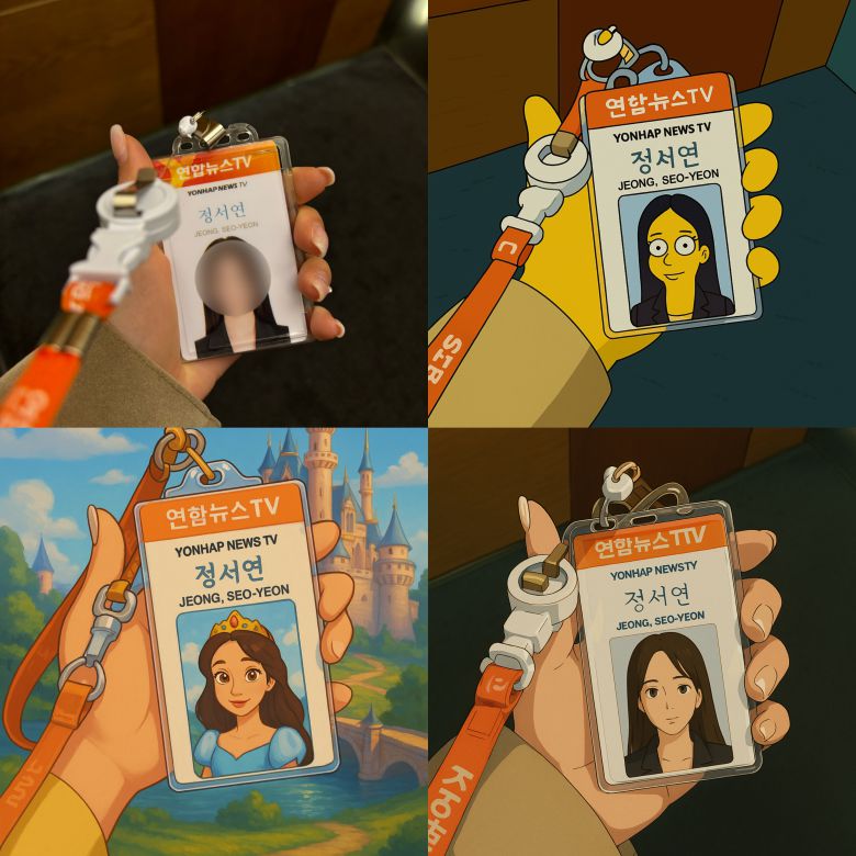 각각 심슨 풍(오른쪽 위), 지브리 풍(오른쪽 아래), 디즈니 풍(왼쪽 아래), 원본(왼쪽 위)