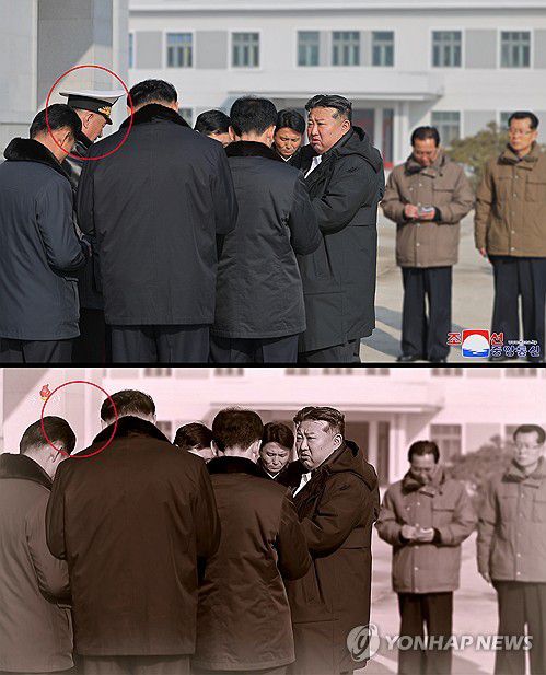 (서울=연합뉴스) 북한 조선중앙TV가 지난 13일 방영한 구축함 '강건호' 진수기념식 영상에서 김정은 국무위원장의 지난 3월 함선건조사업 현지시찰 사진(위)을 재공개하면서 당초 김 위원장과 함께 있던 김명식 전 해군사령관(아래)을 완전히 삭제한 채 편집해 내보냈다. 해군사령관은 김명식 대신 동해함대사령관이었던 박광섭(상장)으로 교체된 것으로 확인됐다. 2025.6.14 
    [국내에서만 사용가능. 재배포 금지. For Use Only in the Republic of Korea. No Redistribution] nkphoto@yna.co.kr