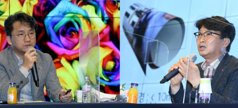 디스플레이 & 소재를 주제로 한 테크위크 2020이 17일 개최 이틀째를 맞았다. 이규수 삼성디스플레이 QD개발팀 상무(왼쪽)와 양준영 LG디스플레이 OLED패널연구담당 상무가 각각 QD, 롤러블 디스플레이를 주제로 강연을 하고 있다. 김민수기자 mskim@etnews.com