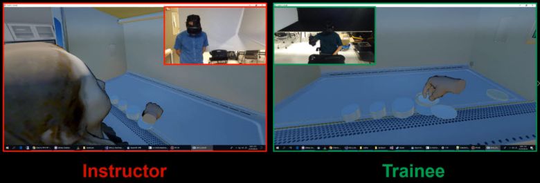 GMP 사용법 원격 교육 및 훈련시스템 앱을 이용한 교육 모습. 교육자가 피교육자의 행동을 지켜보고 있다.