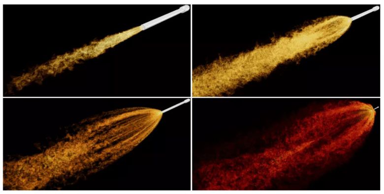 왼쪽 상단부터 차례로 고도 10km, 30km, 50km, 67km에서의 로켓 배기가스를 나타낸 그림. (출처: Physics of Fluids)
