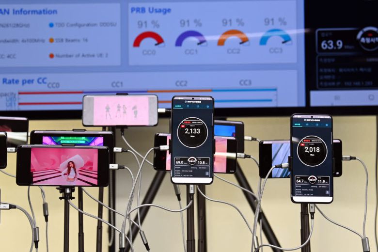 ETRI 연구진이 개발한 5G 스몰셀 상용 SW 기술로 2Gbps가 넘는 통신속도를 구현하는 모습.