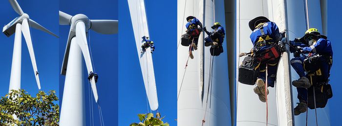 풍력발전기 블레이드 수리하는 모습/사진=연합