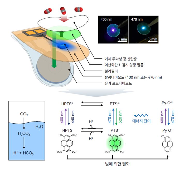 연구진이 개발한 광화학적 CO₂ 센서 구조와 작동 원리