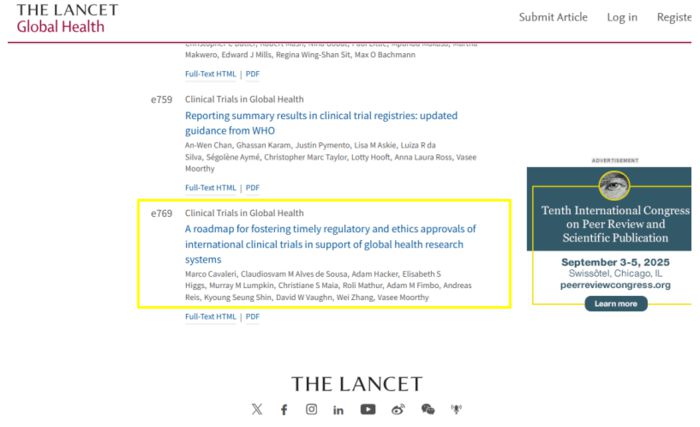 글로벌 의학전문 학술지 란셋 4월호에 게재된 '글로벌 임상시험 효율성을 높이기 위한 로드맵'(자료=식품의약품안전처)