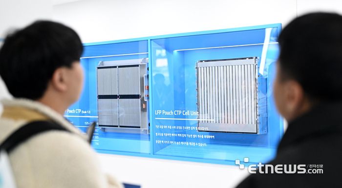 지난 3월 열린 '인터배터리 2025'에서 참관객이 LG에너지솔루션 부스에서 파우치형 LFP 배터리를 살펴보고 있다. 이동근기자 foto@etnews.com