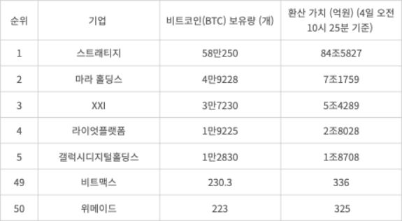 전 세계 기관 비트코인 보유량 순위  (자료=비트코인 트레져리)