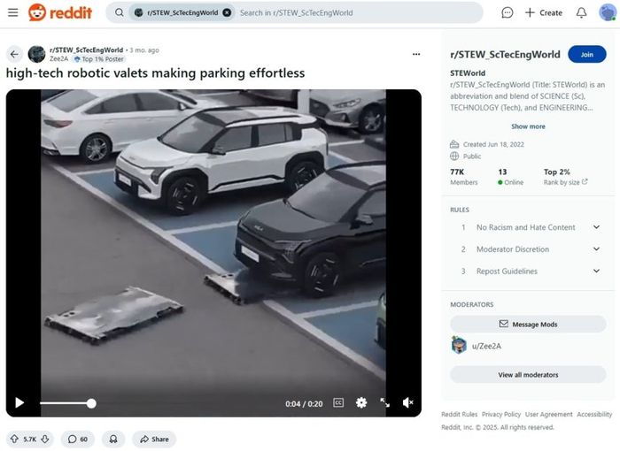 미국 레딧에 소개된 현대차그룹 주차 로봇 영상