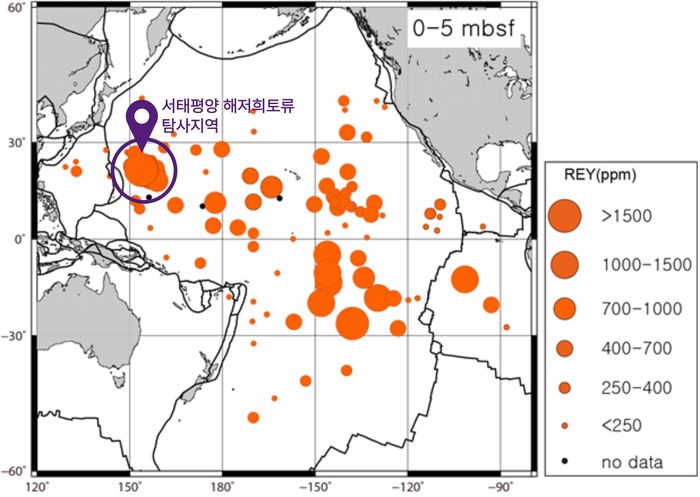 태평양 159개 해역에서 확보한 해저 희토류 농도 분포 지도와 이번 탐사지역