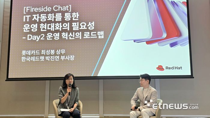 박진연 한국레드햇 부사장(사진좌측)과 최성봉 롯데카드 최고정보책임자(CIO). [사진=현대인 기자]
