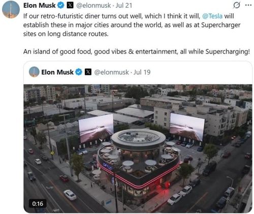 일론 머스크가 엑스에 올린 테슬라 '다이너' 관련 게시물[