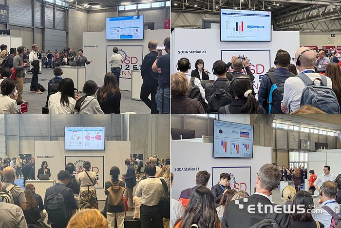 한미약품 R&D센터 연구원들이 15일 오스트리아 비엔나에서 열린 유럽당뇨병학회(EASD 2025)에서 차세대 비만치료 삼중작용제 HM15275와 신개념 비만치료제 HM17321, 경구용 비만치료제 HM101460의 주요 연구 내용을 토대로 참석자들에게 설명하고 있다.