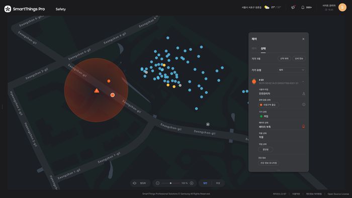 갤럭시 워치 기반 B2B 전용 솔루션 '스마트싱스 프로 안전관리 솔루션' 관리자용 맵뷰 예시 화면