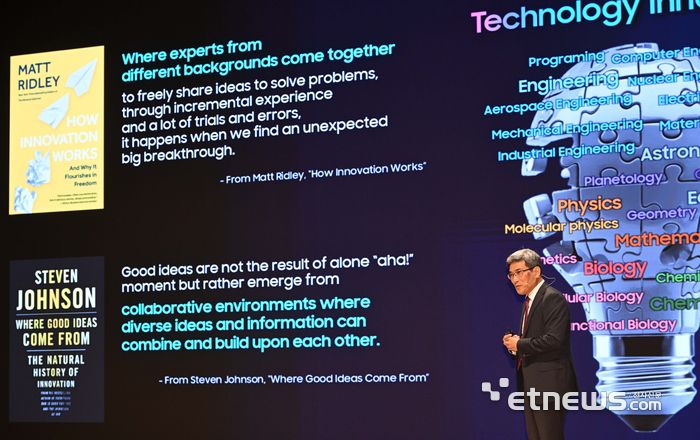 한국반도체산업협회가 주최한 제27회 반도체대전이 22일 서울 강남구 코엑스에서 사흘 일정으로 열렸다. 송재혁 삼성전자 CTO가 '시너지를 통한 반도체 혁신'을 주제로 키노트 발표를 하고 있다. 김민수기자 mskim@etnews.com