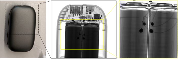 휴대용 보조배터리 내부 엑스레이 비파괴 검사 결과. (왼쪽부터) 휴대용 보조배터리 외관 예시, 엑스레이 비파괴 검사로 확인한 내부 구조, 내부 이상 부위를 확대한 영상. 외관으로는 확인하기 어려운 셀 상단부 내부 이물 및 이상이 단계적으로 식별된다. 사진=씨에이티빔텍