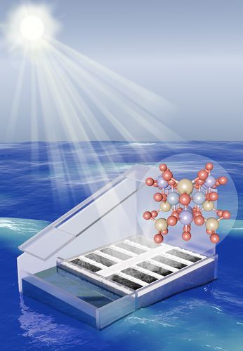 태양광에너지를 이용한 해수담수화 장치 모식도. 햇빛으로 달궈진 증발기가 바닷물을 수증기로 만들고, 경사진 유리창 표면에 응축된 물방물은 경사면을 타고 흘러 한 군데 모인다.