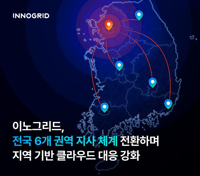 이노그리드가 전국 6개 권역 기반의 지사 운영 체계로 전환, 지역별 클라우드 서비스 수요 증가에 대응한다.