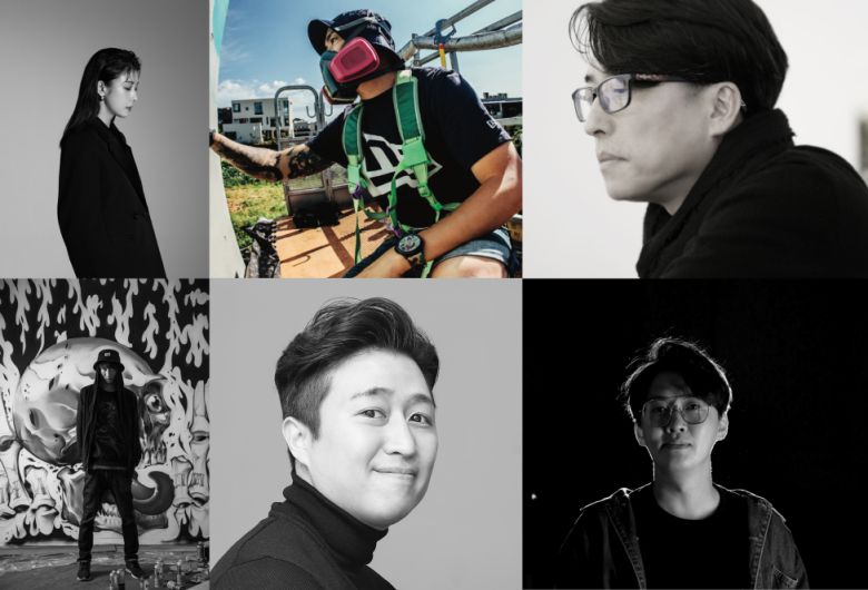 사진= ‘Moment & Face’ 전시회 참여 작가진 (위 왼쪽부터 작가 하지원, 제이 플로우, 남상운, 레고, 김지훈, 일로스)